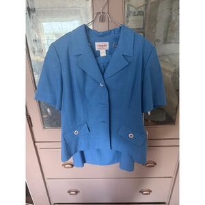 Vintage 80s Henry Lee Petites Skirt Suit Blue Short Sleeve 2-Piece Blazer Set